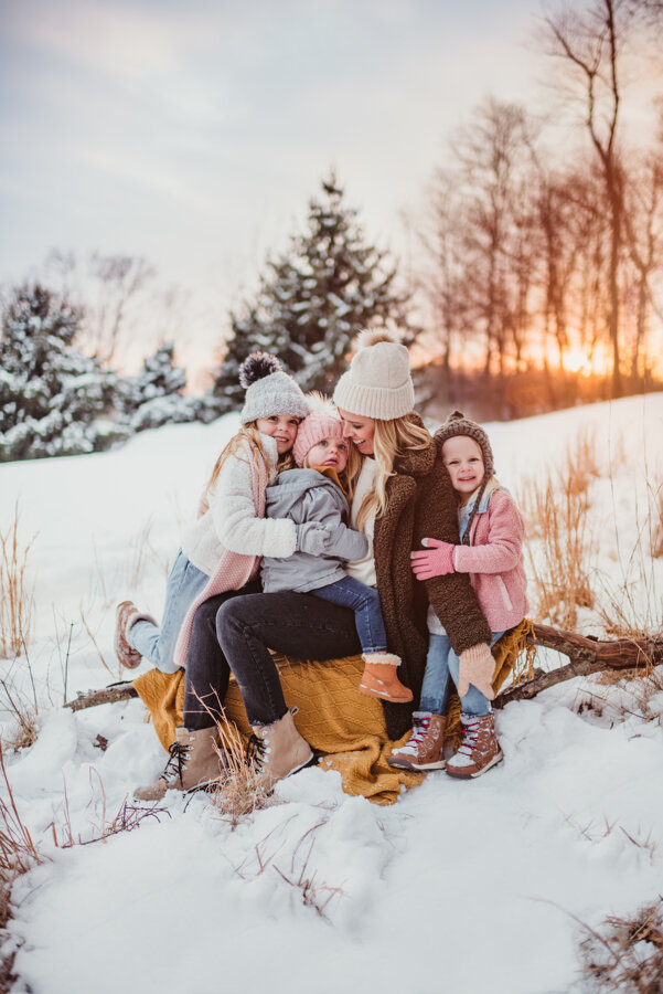 the most gorgeous snow family session with mom and daughters in West Lafayette, Indiana near Purdue’s Horticulture Park.