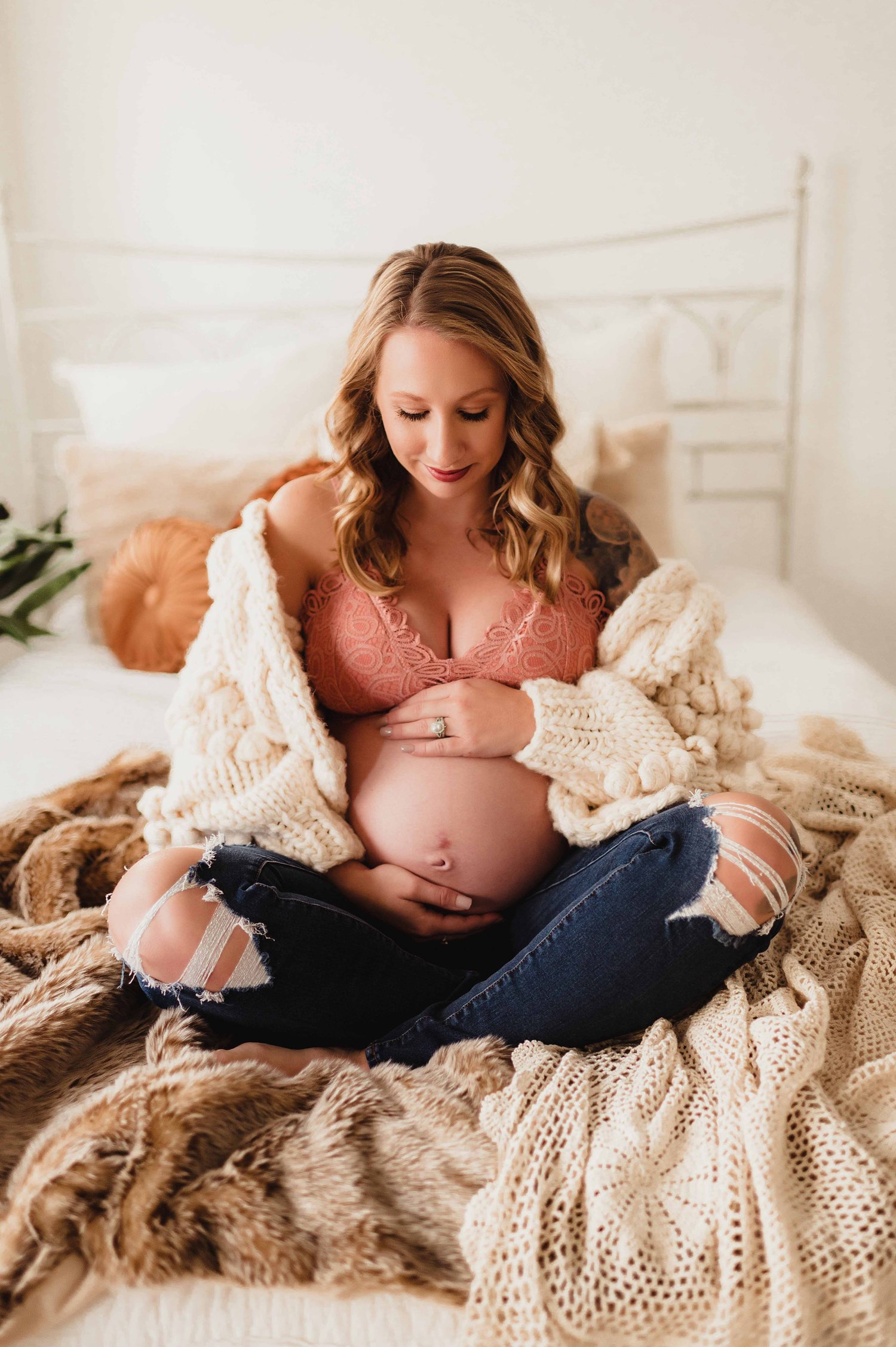 intimate maternity session, chunky knit sweater with cami bra, maternity studio session