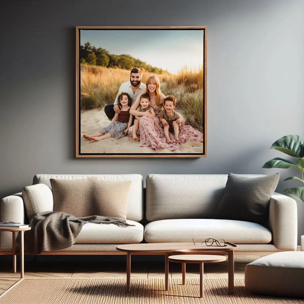 walnut framed canvas of family photo at the beam on living room wall