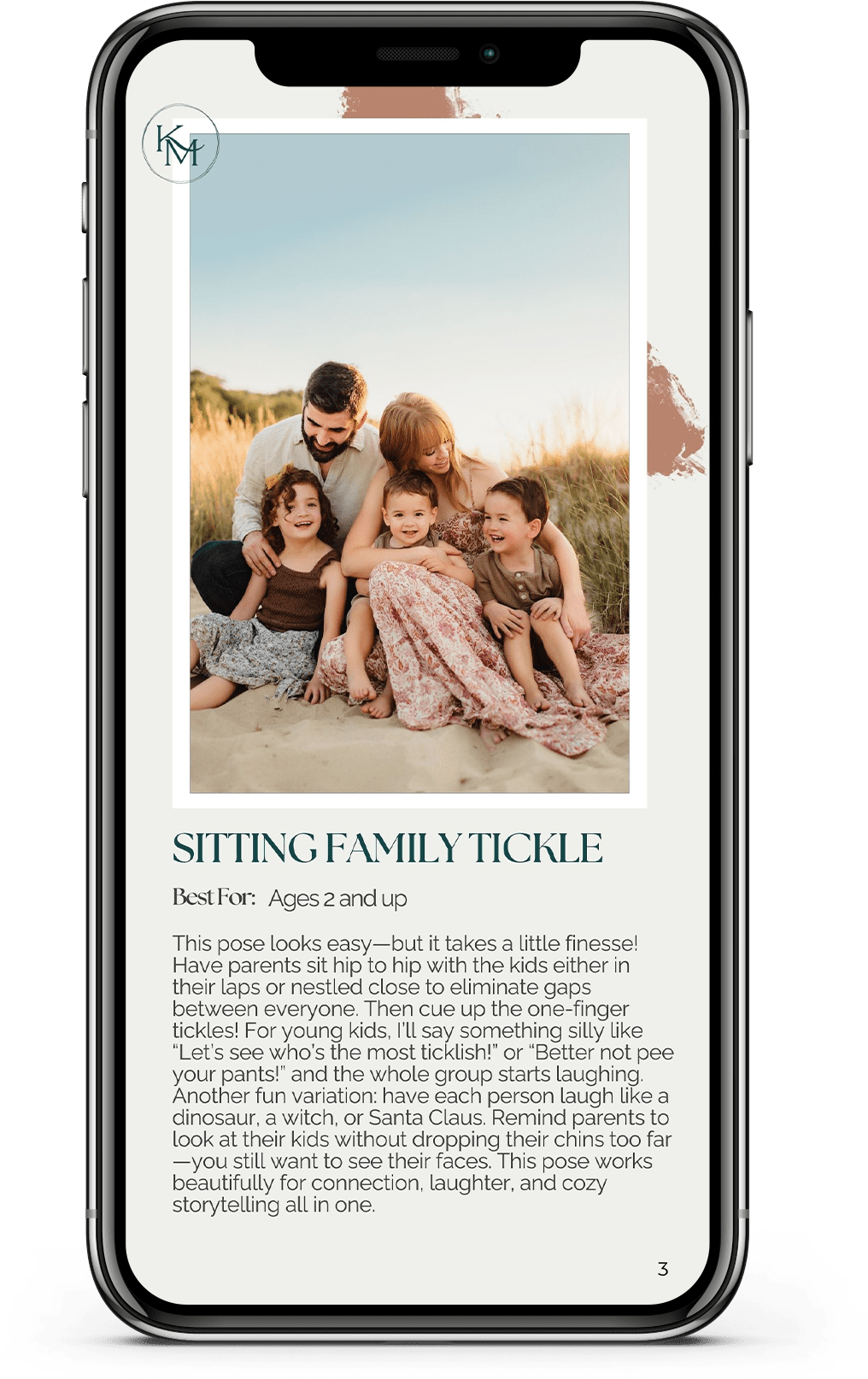 50 Must-Try Family Poses: Inside the KMP Posing Deck That Can Transform Your Sessions KMP Family Posing Guide digital pose card displayed on a phone, featuring the Sitting Family Tickle pose idea