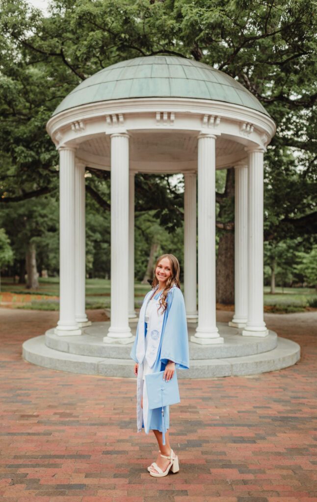 These UNC Graduation Photo Spots Still Feel Like Home UNC graduate in cap and gown standing at the Old Well on campus at UNC Chapel Hill